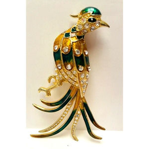 Exotic Pheasant Bird of Paradise Brooch Pin Rhinestone Gold Tone green enamel 5”